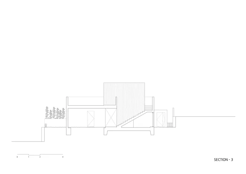 Section drawing showing a two-story residence with an exterior stair and flanking trees