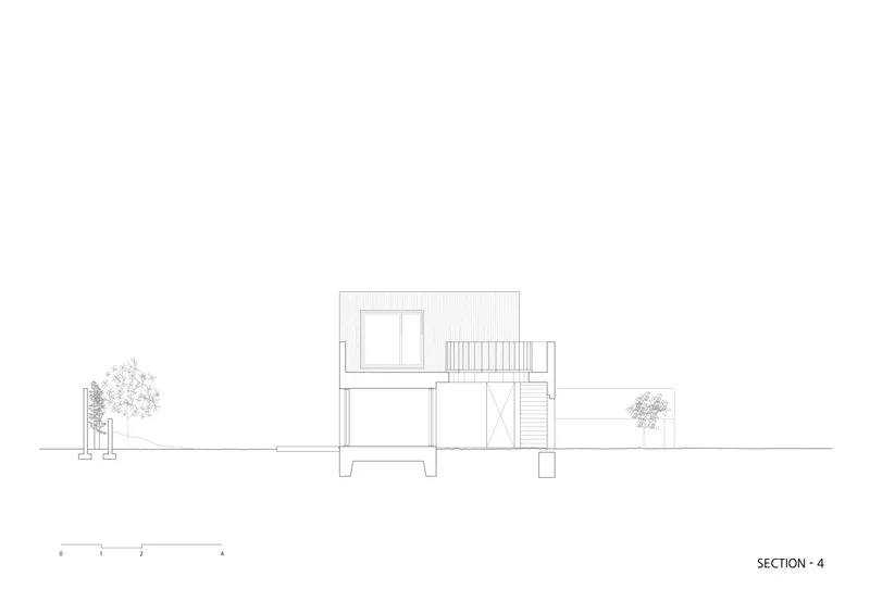 Section drawing depicting a raised two-level structure with a rooftop terrace and landscape elements