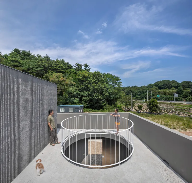 Roof terrace with circular skylight opening and two figures standing beside a dog on concrete paving