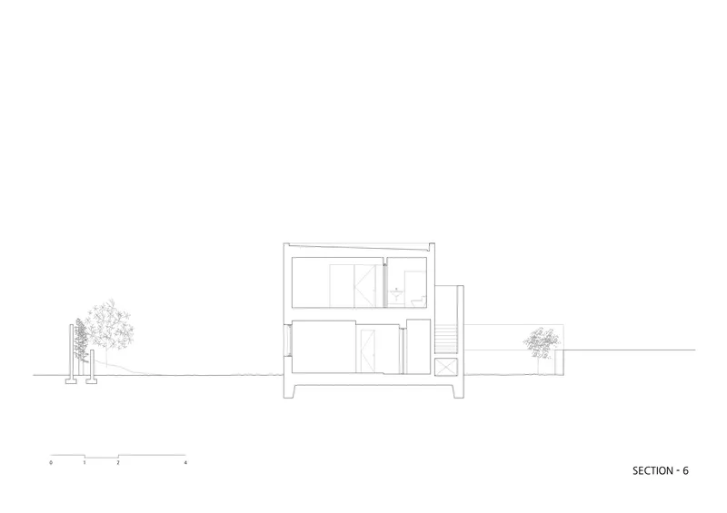 Section drawing revealing interior spatial division across two floors with exterior stairs and planted surroundings