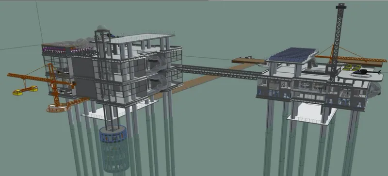 Elevated sky bridges connect the museum and residential platforms above the Adriatic waters.