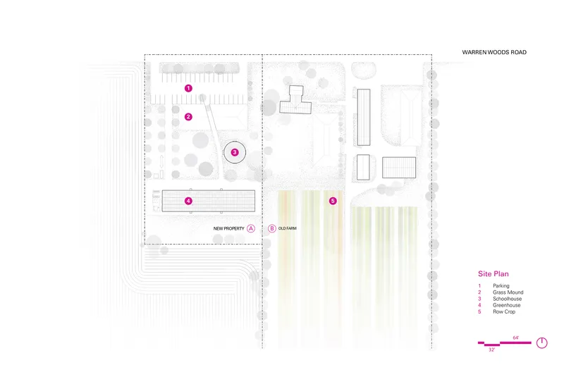 Site plan drawing showing parking area, grass mound, greenhouse, and row crop field layouts