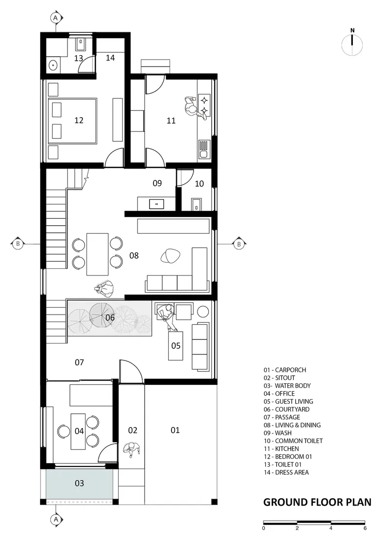 Ground floor plan drawing showing living areas organized around a central courtyard with water body