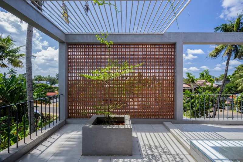 Rooftop terrace with woven timber screen wall and planted bed under a slatted overhead pergola