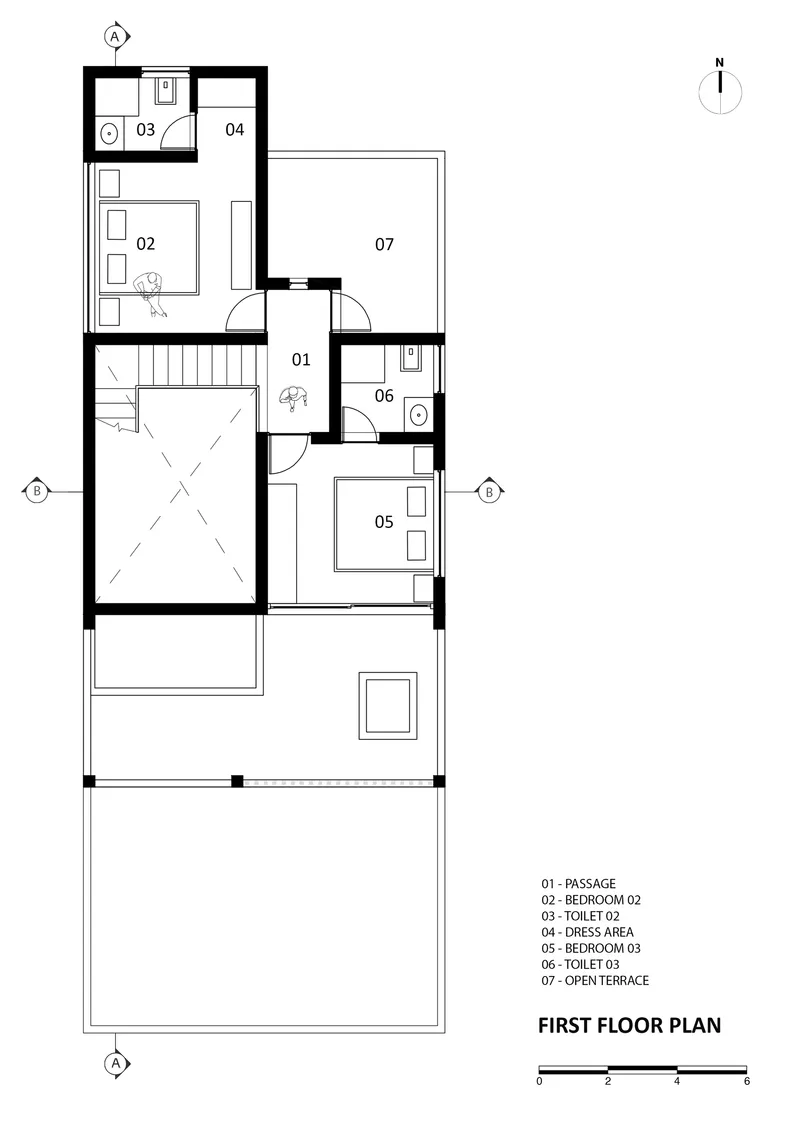 First floor plan drawing showing bedrooms and open terrace with adjacent planting area