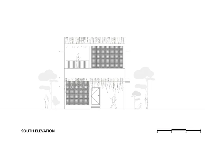 South elevation drawing showing perforated facade panels and balconies with surrounding trees