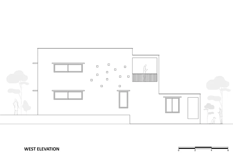 West elevation drawing showing a two-story facade with horizontal windows and a screened balcony