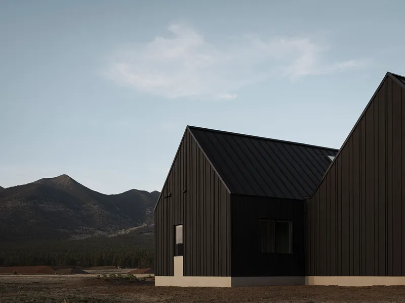 Articulated gable roofline with vertical black cladding and concrete base against mountain backdrop