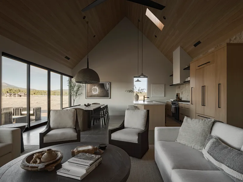 Open living and dining space with vaulted timber ceiling and glazed wall overlooking a field