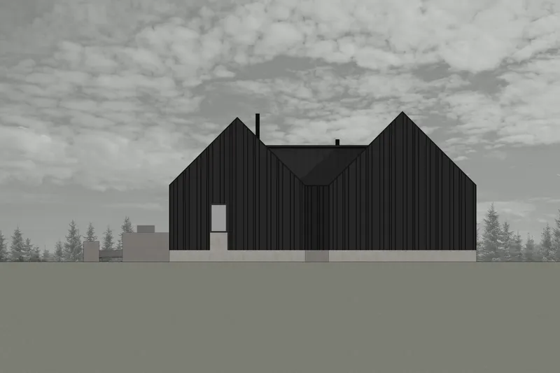 Elevation drawing showing twin gabled volumes clad in dark vertical siding beneath an overcast sky