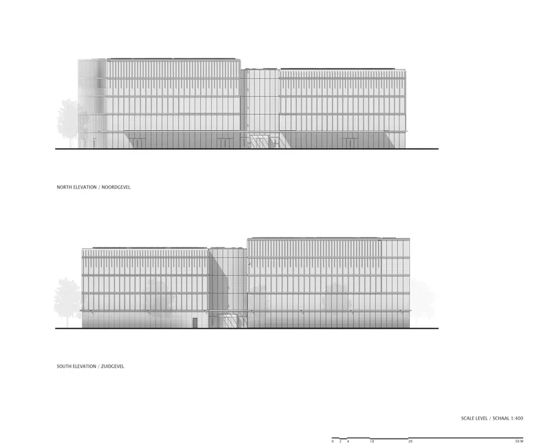 North and south elevation drawings showing gridded facade with vertical fins and flanking trees