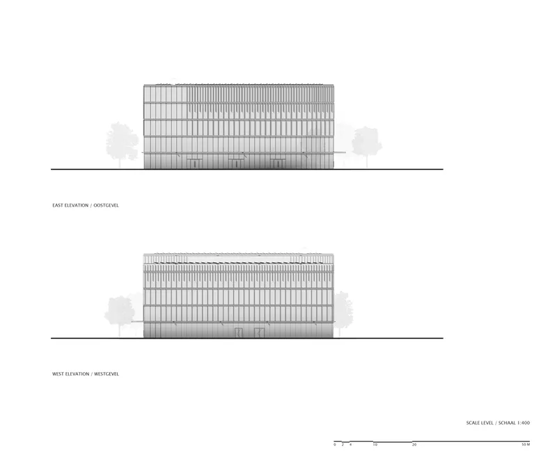 East and west elevation drawings showing rectangular volumes with horizontal banding and adjacent trees
