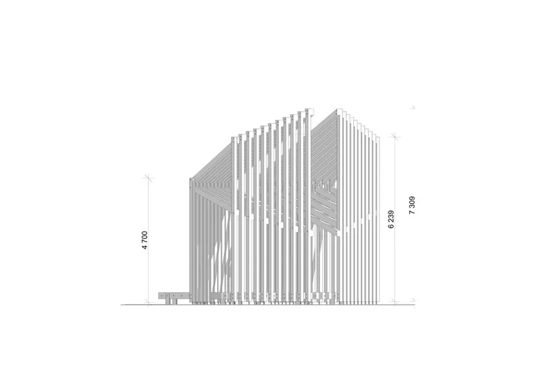 Elevation drawing of a gabled chapel with vertical timber slats and triangular glazed cutout