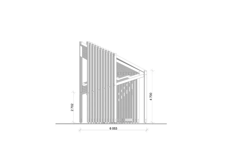 Elevation drawing showing the entry facade with vertical slats and exposed structural frame