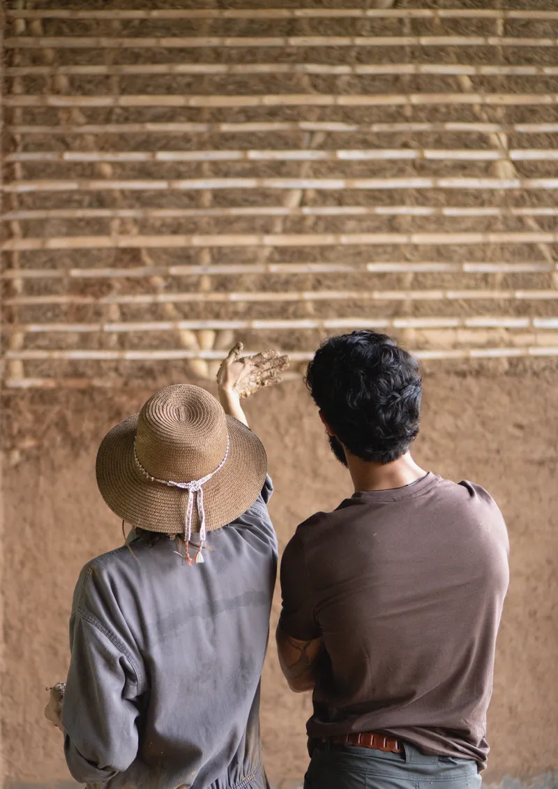 Two workers applying clay plaster by hand to horizontal bamboo lath wall structure