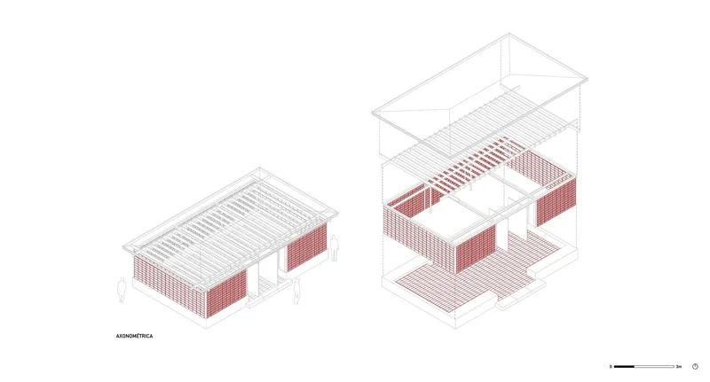 Axonometric drawing illustrating the layered construction with brick screen walls and exposed roof structure