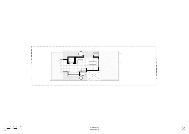 Roof plan showing terrace with oval stairwell access and planted outdoor areas