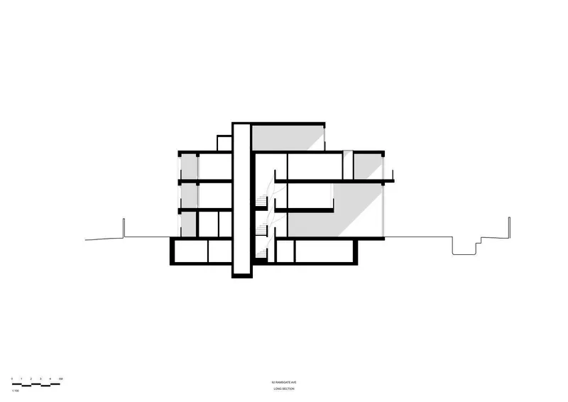 Section drawing showing staggered interior volumes at multiple levels with cantilevered spaces