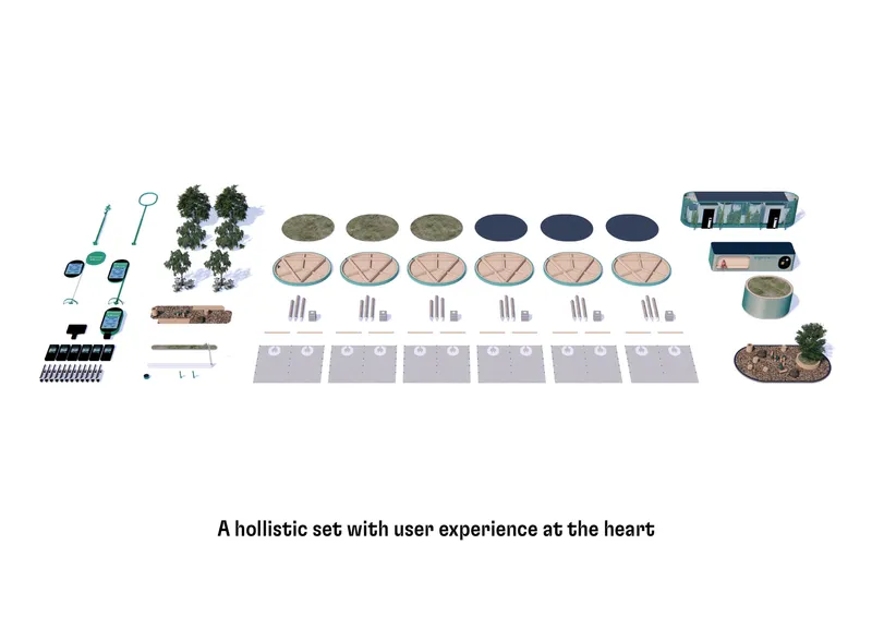 Exploded axonometric drawing showing kit-of-parts including tools, umbrellas, planters, seating elements, and modular pavement panels