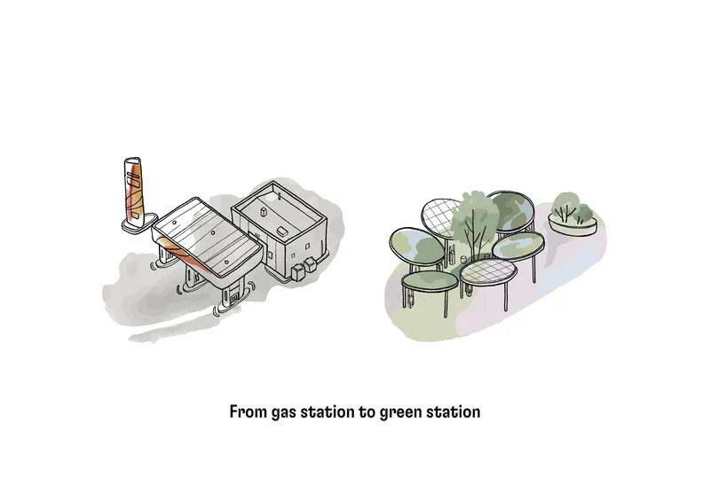 Sketch illustrating conversion of a fuel station with pump canopy into a green pavilion with circular planted canopies