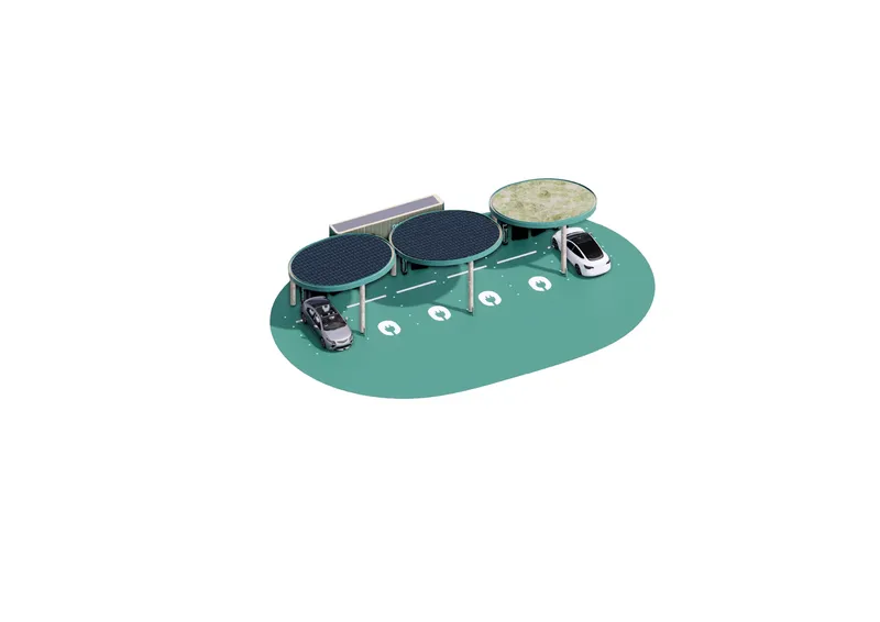 Isometric rendering of a charging station with circular solar canopies and parked vehicles on a teal base platform