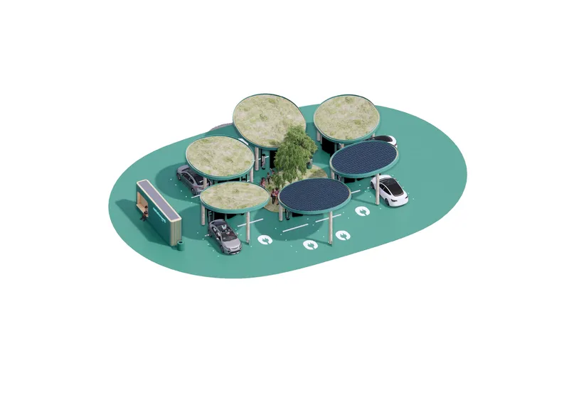 Isometric view showing multiple circular canopies with integrated photovoltaic panels, green roofs, and electric vehicles beneath