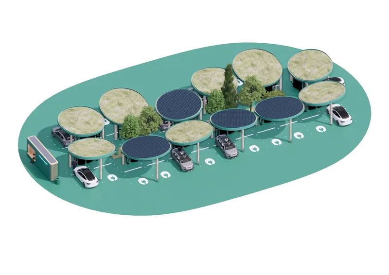 Expanded isometric rendering of a modular charging hub with alternating planted and solar canopies over vehicle parking bays