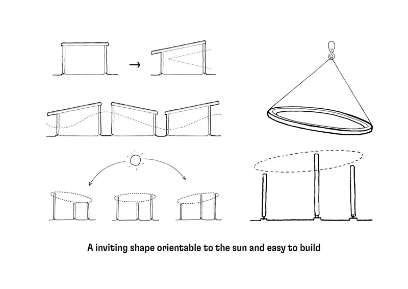 Diagram drawings illustrating modular construction sequence and ring-shaped form suspended by crane