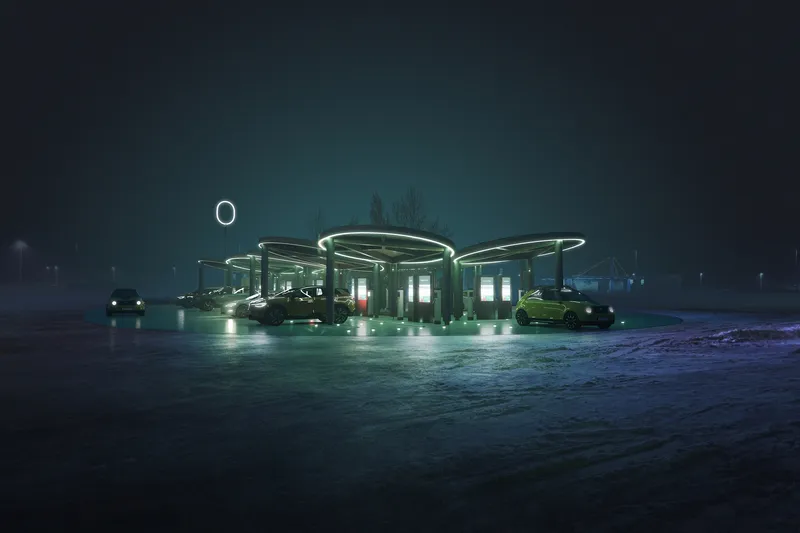 Charging station with overlapping circular canopies glowing in fog at dusk