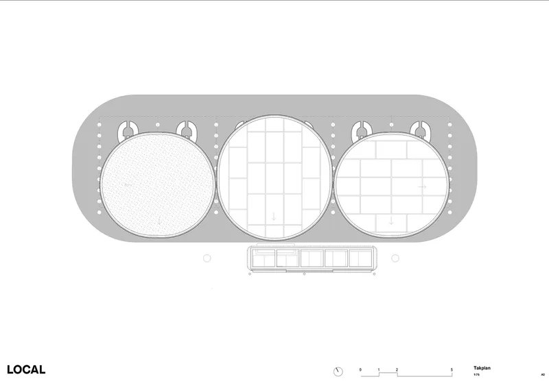 Floor plan drawing showing an oval structure with three circular volumes containing different interior configurations