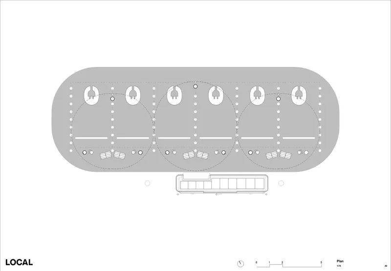 Floor plan drawing depicting an elongated oval form with six circular elements and central seating clusters