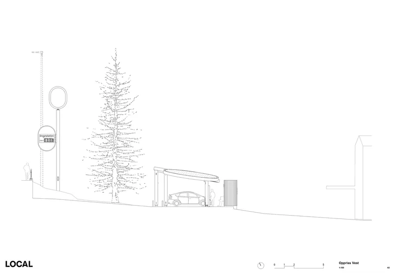 Section drawing showing a small canopy structure with a parked car next to a tall tree and signage
