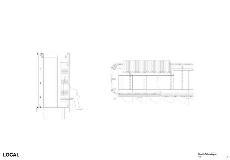 Detail section drawings of a staircase entry and a ribbed canopy structure with supporting columns