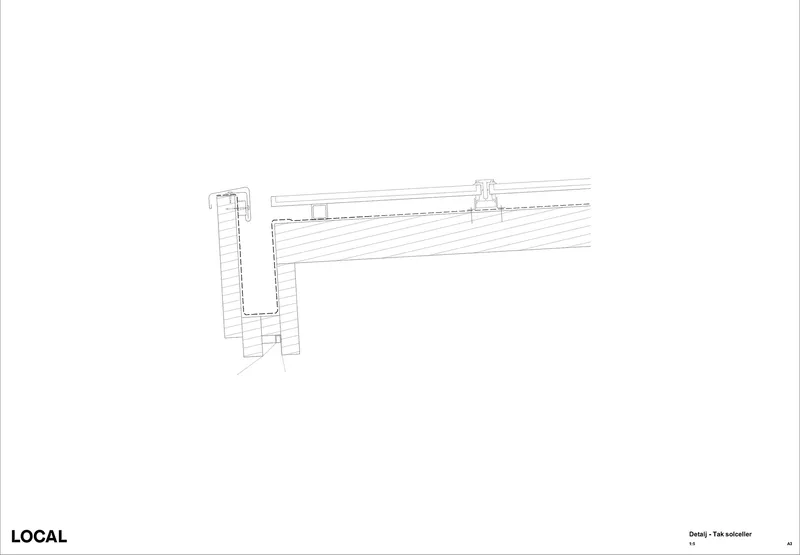 Detail section drawing showing a masonry column supporting timber roof decking and edge flashing