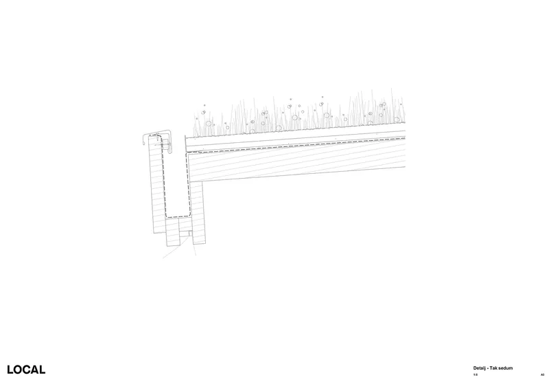 Detail section drawing of a masonry column supporting timber decking with planted sedum above