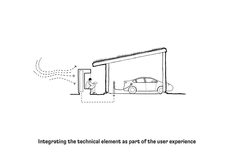 Section drawing of a carport with green roof showing a person at an electrical panel