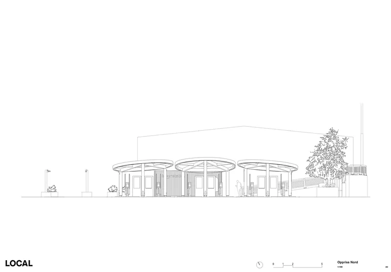 Elevation drawing showing three circular canopy structures with glazed walls and a tree to the right