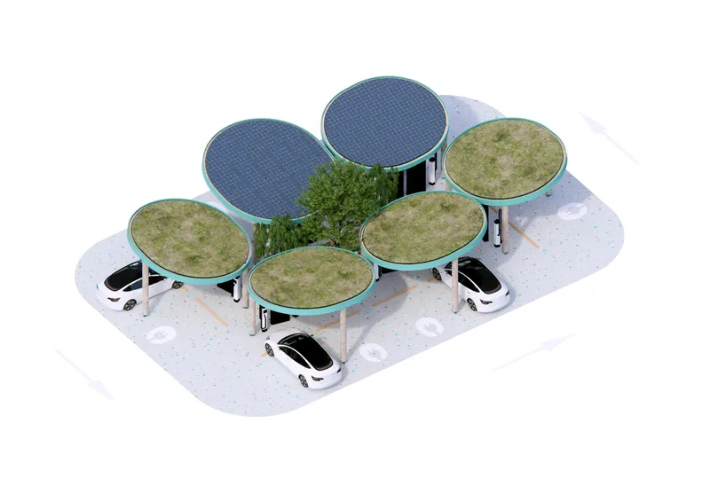 Axonometric rendering of six circular canopies with solar panels and green roofs sheltering parked cars