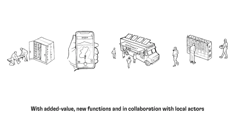 Sketch diagram showing small-scale urban interventions including a kiosk, mobile app, food truck, and modular pavilion with pedestrians