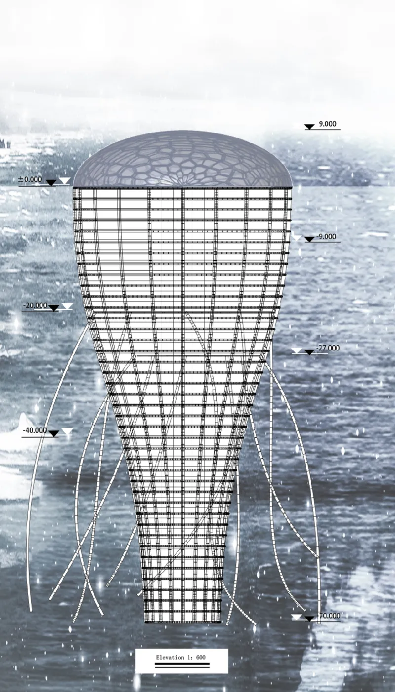 Elevation drawing reveals the jellyfish-inspired structure, anchor lines, and vertical habitat system.