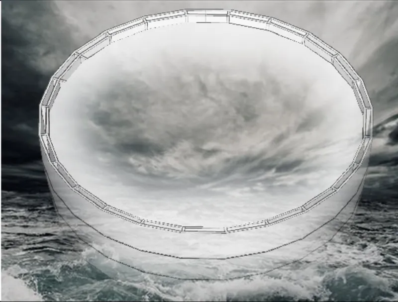 The circular outer frame forms a watertight membrane around the ocean survival unit.