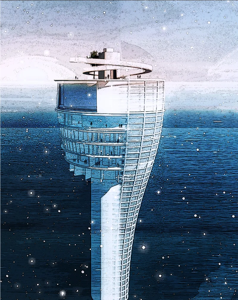 Sectional perspective showing the layered interior and submerged structure of the floating habitat.