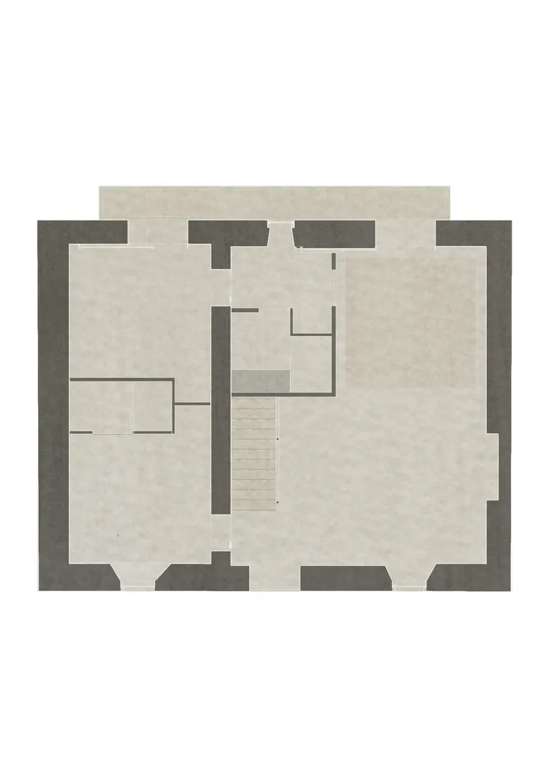 Floor plan drawing showing a rectangular layout with central staircase and bathroom core