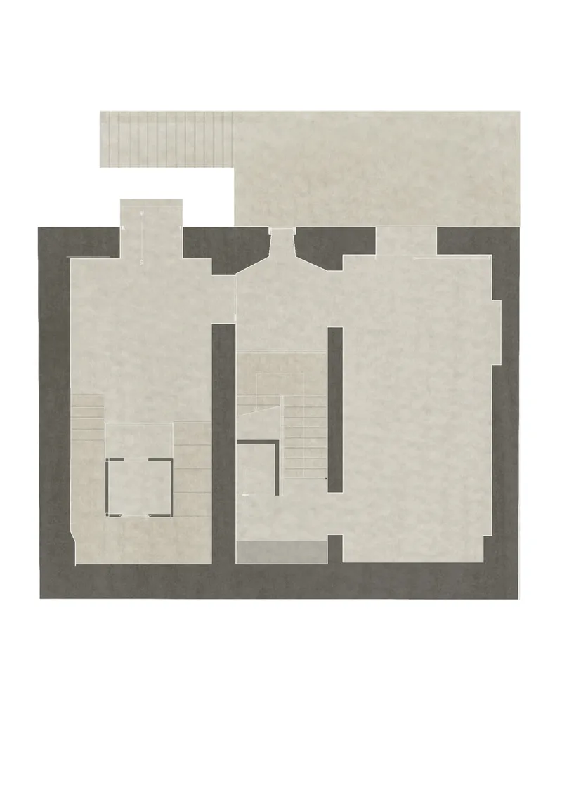 Floor plan drawing showing open living spaces with staircase and exterior terrace area