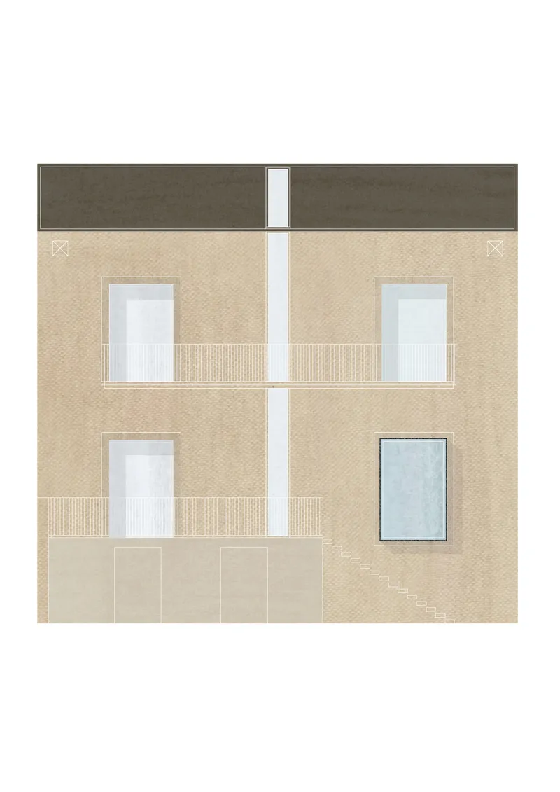 Elevation drawing showing a beige brick facade with four rectangular windows and a central vertical slot