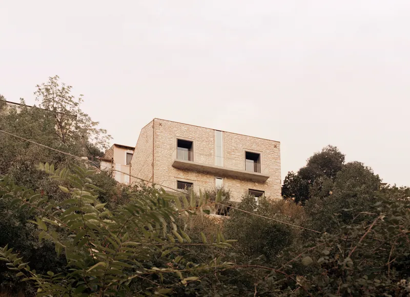 Stacked brick volume rising from a hillside with dense vegetation and overcast sky