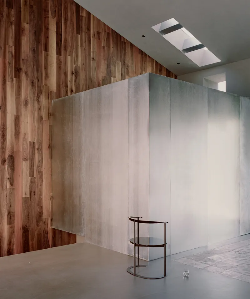 Freestanding volume clad in pale panels beside vertical timber wall with skylight above