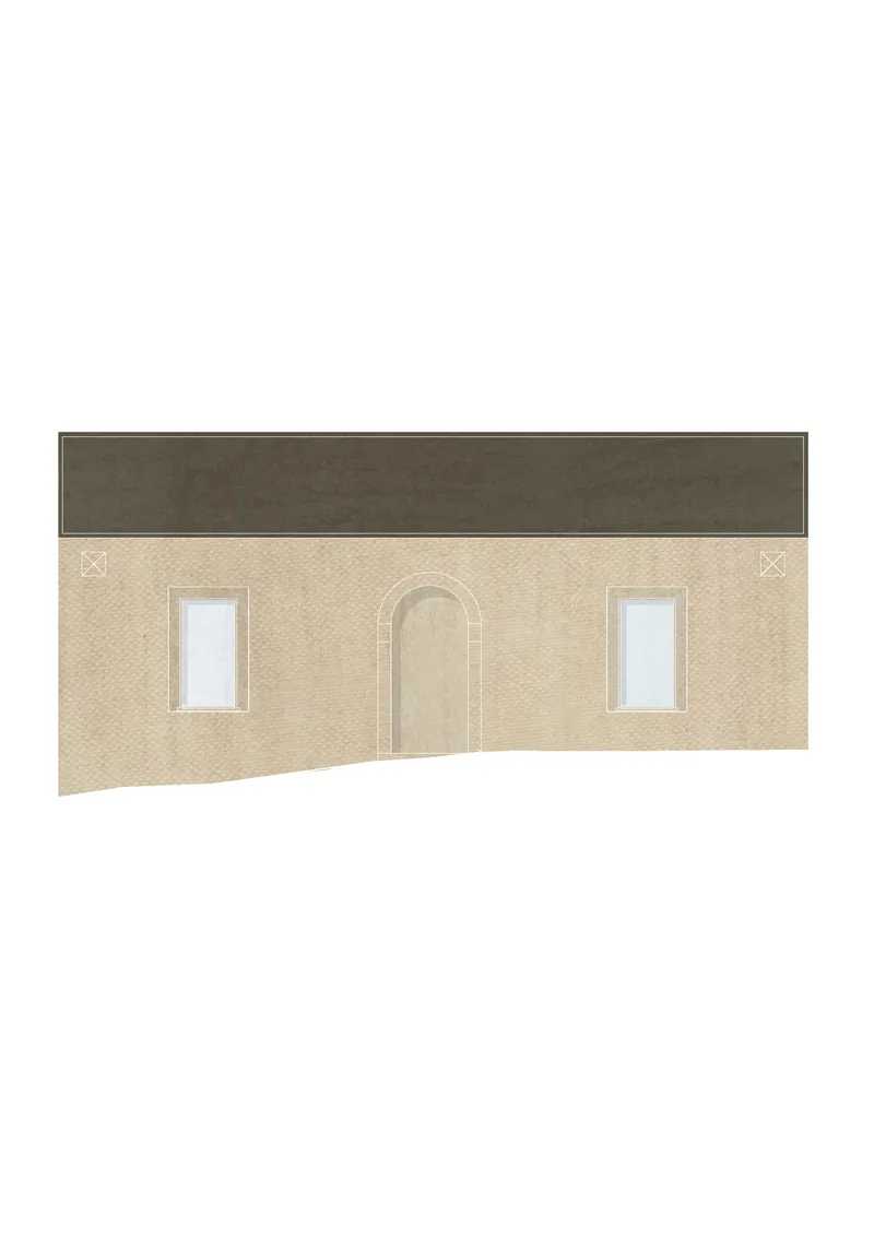 Elevation drawing showing a beige brick wall with two windows flanking an arched doorway