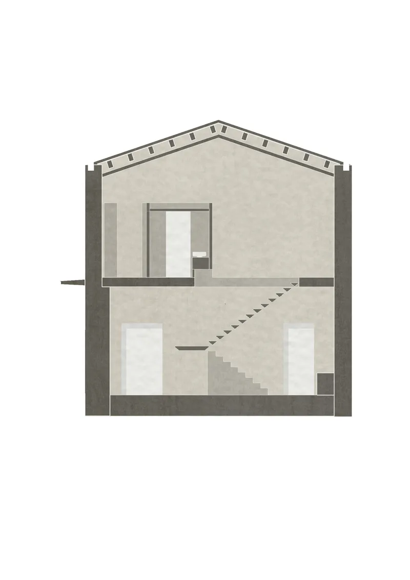 Section drawing showing a two-story interior with a staircase connecting the ground and upper levels