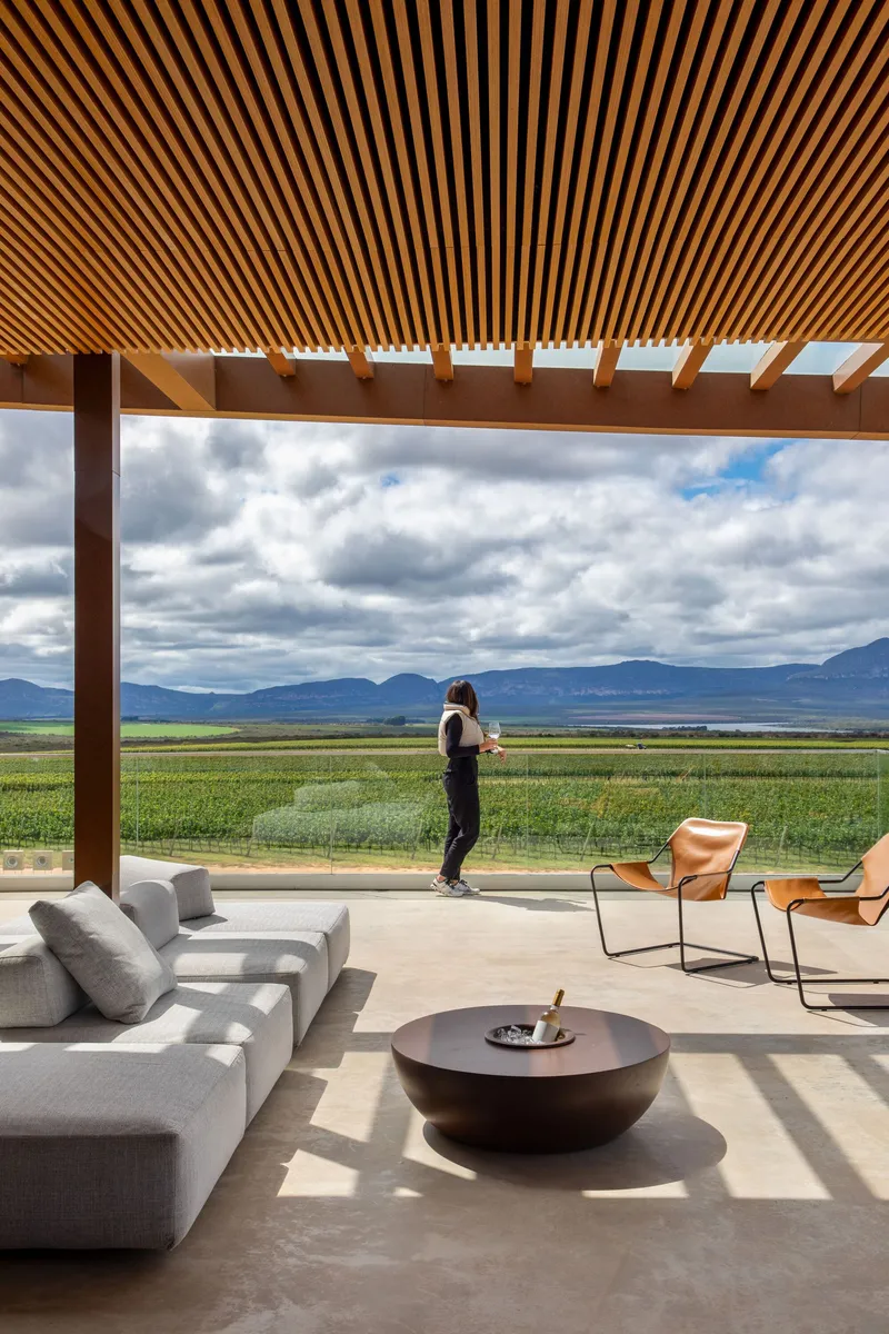 Covered terrace with exposed timber beams and a person standing at the edge overlooking vineyard rows